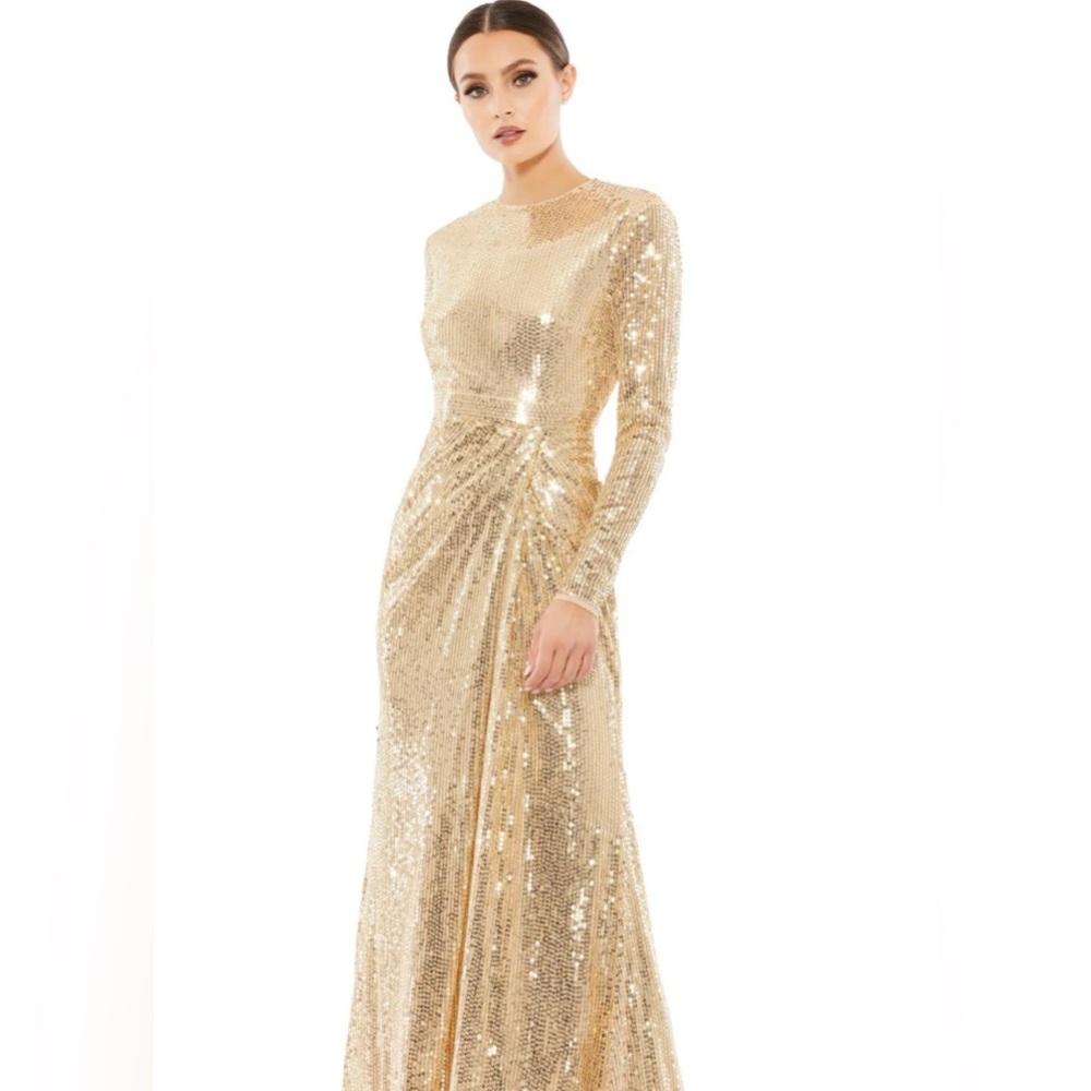 NWT $598 MAC DUGGAL GOLD SEQUINED HIGH NECK LONG SLEEVE DRAPED GOWN DRESS 10824 - Picture 4 of 7